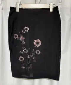モルガン　膝丈スカート　花柄　黒　 ストレッチ　Mのサムネイル