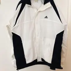 90s万国旗タグ 【L】アディダス ナイロンジャケット 白 黒 刺繍ロゴ