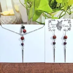 刀剣☪︎スティック ジャスパー系ピアス・ネックレスSet✯赤・紫色No.1671