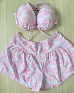 未使用新品★3点セット★体型カバーピンクバラ柄セパレート水着ビキニ