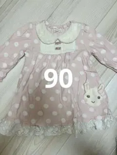 クーラクール　ウサギ刺繍のピンク水玉ワンピース　90