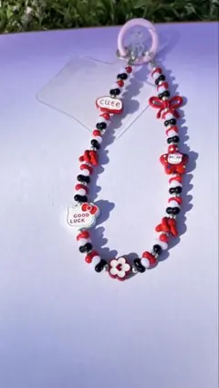 レッド×ブラック キュート 猫ちゃんモチーフ スマホストラップ バッグチャーム