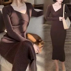 リブ編みVネック長袖ニットワンピース　ブラウン