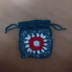 ダークグリーン 花モチーフ 巾着袋　ハンドメイド