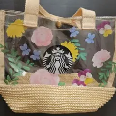 スターバックス 花柄　ビニールバッグ　スタバ　ロゴ入り　かご　クリアミント