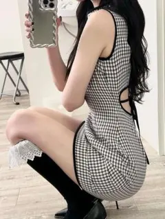 Darich ウエストオープンチェックミニワンピース