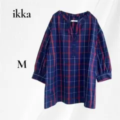 イッカ　ikka チェック 五分袖シャツ ネイビー　M　Vネック　五分袖ブラウス