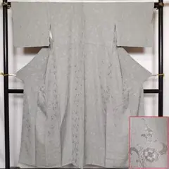 ◆2889◆伊無地　グレー　一つ紋　牡丹唐草模様　縮緬　袷　身丈151㎝のサムネイル
