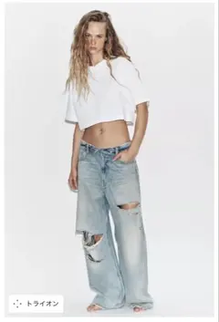 TRF ミッドライズ折り返しウエストデニムパンツ　ZARA