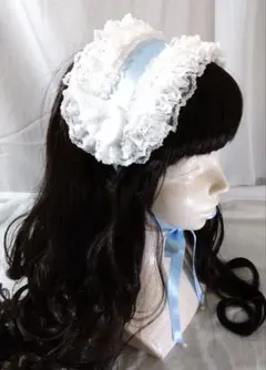【ハンドメイド】ゴスロリ・ロリータ 羽付きレースヘッドドレス 白×水色