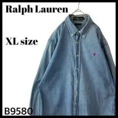 90s オールド ラルフローレン 長袖シャツ デニムシャツ 赤ポニー メンズXL