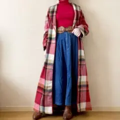 希少 チェック柄 ガウン ロングコート ヴィンテージ 昭和レトロ 赤 白 一点物