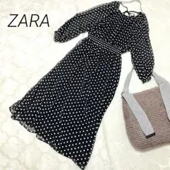 ザラ　Vネック　ドット柄　ロングワンピース　L シアー　パフスリーブ　ブラック