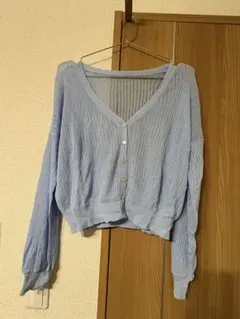 水色リブ編みカーディガン