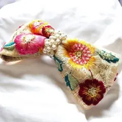 インド刺繍リボン　バレッタ　リボンパール　ビーズ　浴衣　和装