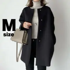 ノーカラー　コート　黒　M アウター　無地　ロング　ジャケット　フォーマル 通勤