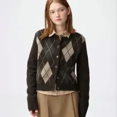 新品　GU　ジーユー　パフニットアーガイルクルーネックカーディガン