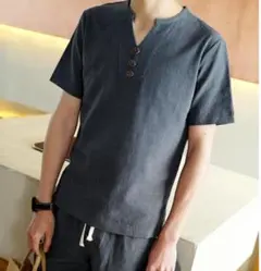 メンズTシャツダークグレー Vネック 薄手 夏服 半袖風 ゆったり M