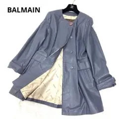 BALMAIN バルマン ラムレザー コート サイズ11 ノーカラー　ブルー