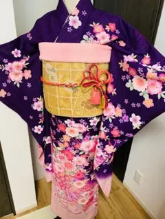 振袖 フルセット　紫色 桜柄 金色帯