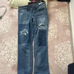 ダメージ加工　パッチワーク　ストレートデニム　男女　綿