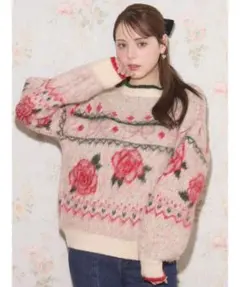 【美品】CALNAMURカルナムール ローズ＆リボンジャガードニット アイボリー