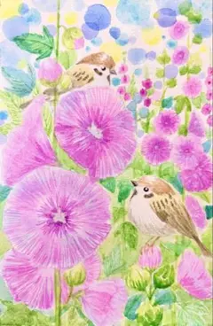 水彩画 原画 小鳥と花 - メルカリ