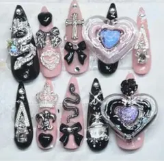 量産型 地雷系 y2k 姫ギャル ゴテゴテ 派手 痛 黒ピンク ネイルチップ