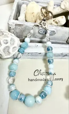 ハンドメイド 青系ビーズ ストラップ