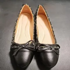 ツイード調 リボン フラットパンプス ブラック 38