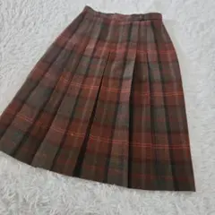 タータン チェック スカート プリーツ ウール ブラウン 膝丈 古着