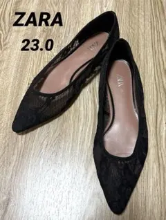 【ZARA】ブラックレースポインテッドトゥフラットシューズ35のサムネイル