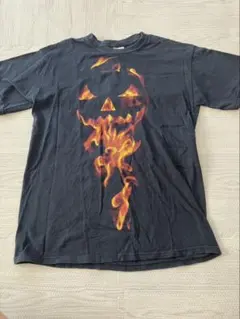 ハロウィン　Tシャツファイヤーパターンpumpkin skull