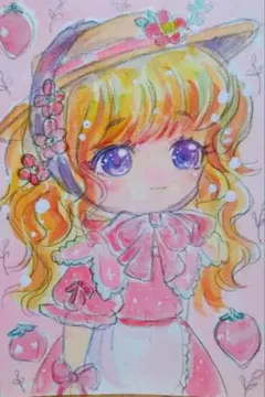 いちごテーマのロリータ水彩画　手描き　オリジナル　ハガキサイズ