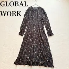 【グローバルワーク】花柄 長袖 ロングワンピース（L）バンドカラー フレア 黒