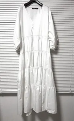 【美品】ZARA ティアード ロングワンピース ホワイト XS