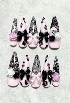 レース ネイルチップ 姫ギャル ヒョウ柄 レオパード 韓国 ワンホン ギャル