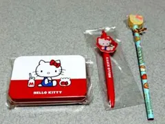 ハローキティ　50周年記念　缶入りメモ　プレート付きボールペン　消しゴム付き鉛筆