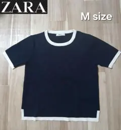 [ZARA] 半袖ニット バイカラー ネイビー /ホワイト/M