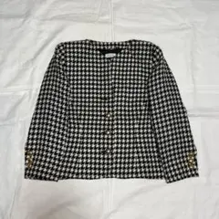 80s 千鳥格子柄 ノーカラージャケット 黒白 金ボタン ウール レトロ古着