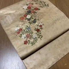 正絹ゴールド袋帯　野の花柄刺繍￼ 美品31×438cm