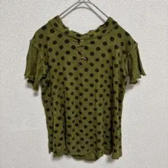 Miss World リング付き ドット柄 カットソー 半袖 オリーブ系 古着