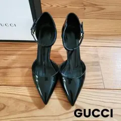 GUCCI ブラック パテント ハイヒール Tストラップ パンプス 34 1/2