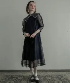 BONLECILLパールサテン襟 パフスリーブヴィンテージフラワー総レースドレス