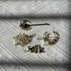 ヘアピン ヘアクリップ 4点セット 月 星 猫 ゴールド ビジュー 髪飾り