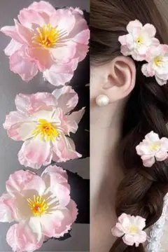 ピンク花モチーフ髪飾り3個セット ヘア止め