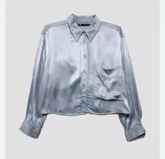 ZARA ライトブルー　サテン　レーヨン　長袖シャツ　ショート丈　クロップド丈