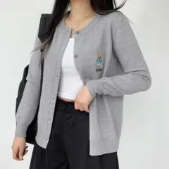 DHOLIC ベアー刺繍 ニット カーディガン グレー 冬服