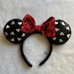 ディズニーカチューシャ　ミニーちゃんスパンコールカチューシャ　黒　ハート模様