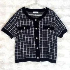 INGNI チェック柄 黒　半袖ニットカーディガン　ブラック　イング　ツイード風